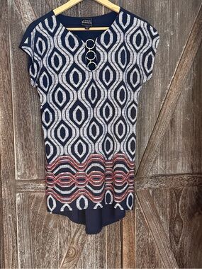 Coco Bianco Navy Patterned Short Sleeve Tunic Dress Top with Ring Detail S
